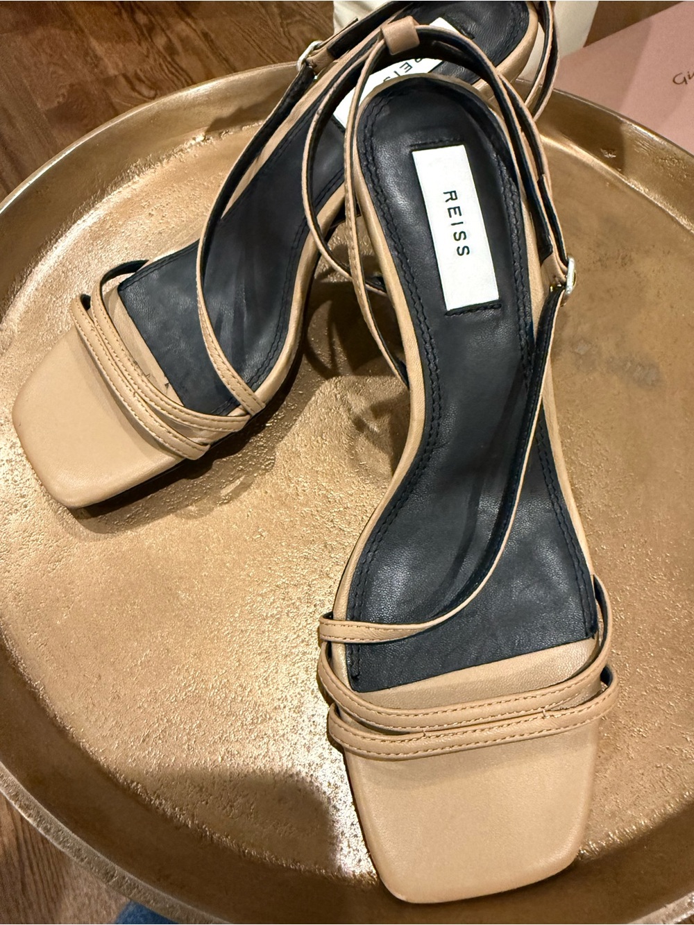 REISS Beige Strappy Square-Toe Slingback Heels - Picture 2 of 5